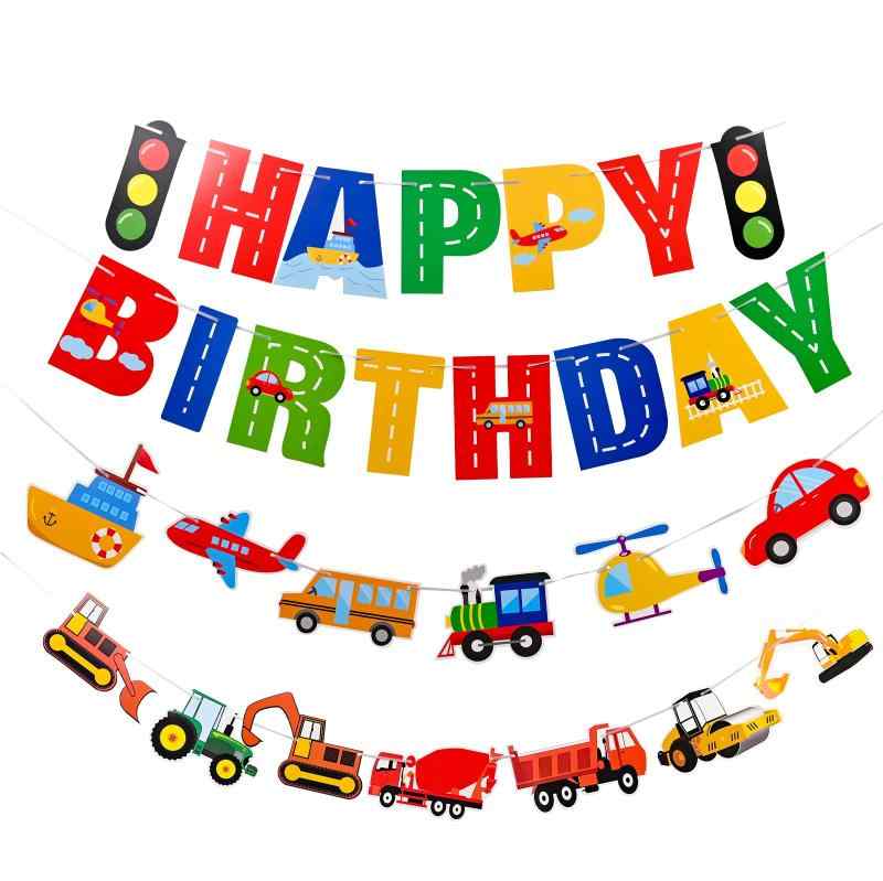 Paready 誕生日 飾り付け 車 乗り物 ガーランド バースデー 飾り セット デコレーション Happy Birthday 働く車 工事 装飾 飾り付けセ